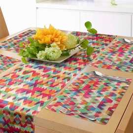 ABAKUHAUS Indie Table Runner & 4 Piece Placemats, Repeating Polygonal Colourful Triangles Geometric Design, Table Decoration Set, 180 x 40 cm, Orange Red