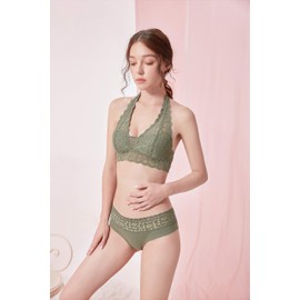 Luna & Sun Soft Sexy Breathable Wirefree Lace Padded Halter Bralette (for A-C Cups) (S, Camo Green)