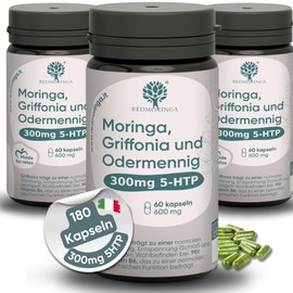 RedMoringa - Griffonia 300mg 5-HTP Tryptophan | mit Bachblüte Agrimonia, Vitamin B6 & Bio-Moringa | Made in Italy | (180 Kapseln)