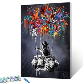 Paint by Numbers Banksy Street Graffiti DIY Painting on Canvas with Brushes Acrylic Paints Graffiti Abstract Pop Art Paint by Numbers for Adults Kids Students Beginners 16 x 20 Inch