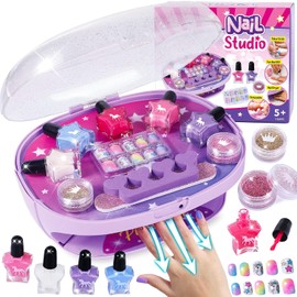 Golray Juego de Esmalte de Uñas para Niñas, Kit de Arte de Uñas Todo en Uno - Secador/Polvo con Purpurina/Uñas Postizas/Calcomanías para Uñas/Separador de Dedos/Lima, Juguetes de Regalo para Niñas
