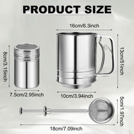 Flour Sifter, Stainless Steel 3 Cup Flour Sifters for Baking, 3 in1 Sifter for Baking with Powdered Sugar Shaker Duster and Flour for Baking Cakes, Pies, Pastries, Desserts and Cupcakes