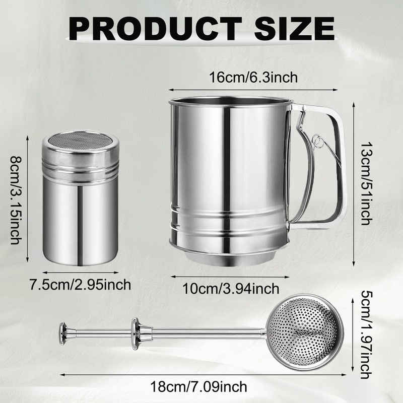Flour Sifter, Stainless Steel 3 Cup Flour Sifters for Baking,