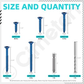 Cimeton 102PCS 5 Sizes 1/4” Blue Flat Head Concrete Screws Self Tapping Cement Screws with Drill Bit Assortment Kit for Anchoring to Masonry Block Brick