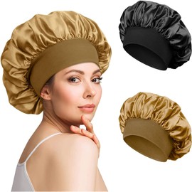 DASKING 2 Piezas Gorro Saten Pelo Rizado Ajustable Gorro Pelo Rizado Dormir Gorros de Satén para Pelo Rizado con Banda Ancha Elástica para Mujeres y Niñas (Negro, Oro)