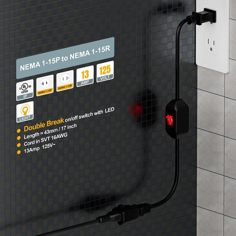 Double Break On Off Switch Extension Cord, 2-Prong/2 Outlet Polarized