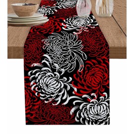 Floral Table Runner-Red Black White Cotton linen-Long 72 inche Dresser Scarves,Flower Tablerunner for Kitchen Coffee/Dining Table Bedroom Home Living Room,Scarf Decor for Summer Spring Holiday Dinner