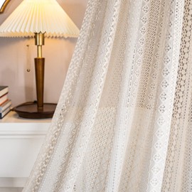 Tospass Set of 2 Vintage, Country House Style Crocheted Curtains, Boho Cotton Lace Curtains with Tassels, Curtains for Living Room, Bedroom, Outdoors, 150 x 160 cm, Beige