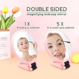 Novadex 1x 5X Magnifying Mirror, Handheld Hand Mirror with Handle, Travel Hand Held Vanity Mirror, Compact Double Sided Portable Magnification Small Make Up Mirrors for Precision Makeup (Pink)