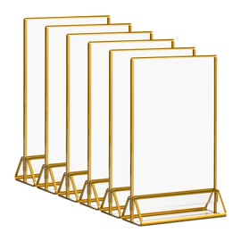CECOLIC 6 Pack Acrylic Sign Holder with Gold Borders, 5x7'' Double-Sided Menu Stands Clear Picture Frames for Restaurant Menu Signs, Wedding Table Numbers, Exhibition & Art Display