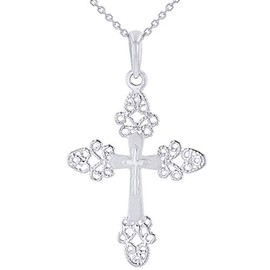 Jewelry America 14k White Gold Elegant Filigree Fleur de Lis Cross Pendant Necklace, 16"