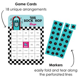Big Dot of Happiness 50’s Sock Hop - Bar Bingo Cards and Markers - 1950s Rock N Roll Party Bingo Game - Set of 18