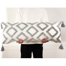PANOD Decorative Long Lumbar Pillow Cover 12x40 Boho,Super Soft Chenille Extra Long Lumbar Pillow Case Cover with Tassel for Bed Sofa Couch Farmhouse Livingroom,Grey,Modern Skinny