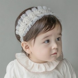 ICKEYOU Baby Girl Lace Headbands with BowKnot Flowers Christening Baptism Headband Elastic Floral Hairbands Soft Lace Hair Accessory Newborn Infant Toddler for Birthday Party (Pearl Wide, One Size)