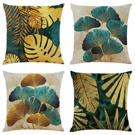 Sweetwill Set of 4 Decorative Cushion Covers 40cm x 40cm Linen Jungle Throw Pillow Cases Gold Turquoise Farmhouse Natural Cushion Covers 16 x 16 Sofa Cushions Modern Living Room Outdoor Garden