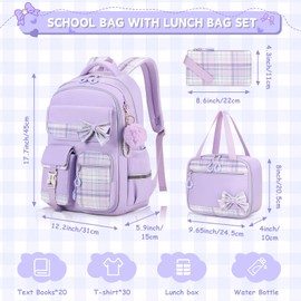 MOONBABY Girls Backpack, Kawaii Kids Backpack for Girls School Bags for Middle School Students, Book Bag for Elementary Primary High School with Lunch Bag Pencil Case Set 3PCS, Purple