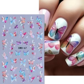 Colorful Butterfly Nail Art Stickers Decals 2PCS Butterfly Flower Nail Decals Self-Adhesive Butterflies Nail Stickers Spring Summer Nail Art Supplies Cute Manicure Supplies for Women Nail Decorations