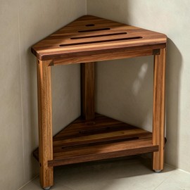 IBosins Corner Shower Stool with Storage Shelf Shower Foot Rest for Shaving Legs Small Bench for Inside Shower to Sit on Bath Seat - Acacia Wood, 16.1in