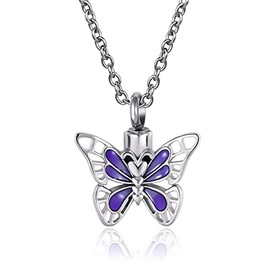 GMXLin Purple Butterfly Cremation Urn Necklace for Ashes Pet Women Mom Grandma Stainless Steel Pendant Holder Memorial Keepsake with Fill Kit