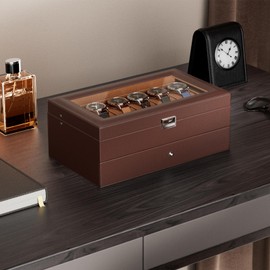 ProCase ProCase Watch Box for Men, 12 Slot Mens Watch Case With Drawer, Watch Display Case With Glass Lid, 2-Layer Watch Holder Organizer, Jewelry and Watch Storage for Men Women -12Slot, Espresso