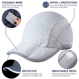 Quick Dry Running Cap Reflective Sports Hat Night Workout Hats for Men Summer Sun Folding Dad Hat Dri Fit Cooling Hat for Golf Hiking Outdoor Camping Gym Tennis Travel Baseball Cap Light Gray
