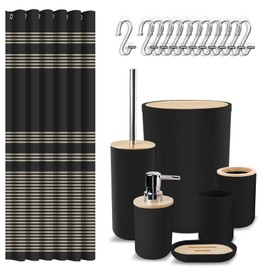 Britimes Bathroom Accessory Sets, Black Shower Curtain Set with Trash Can, Soap Dispenser, Toilet Brush Holder, Toothbrush Holder and Toothbrush Cup for Bathroom Decor