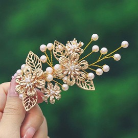 IYOU Bridal Wedding Hair Clip Gold Flower Hair Clip Hairpiece Pearl Bridal Hair Comb Prom Bride Bridesmaid Hair Accessories for Women