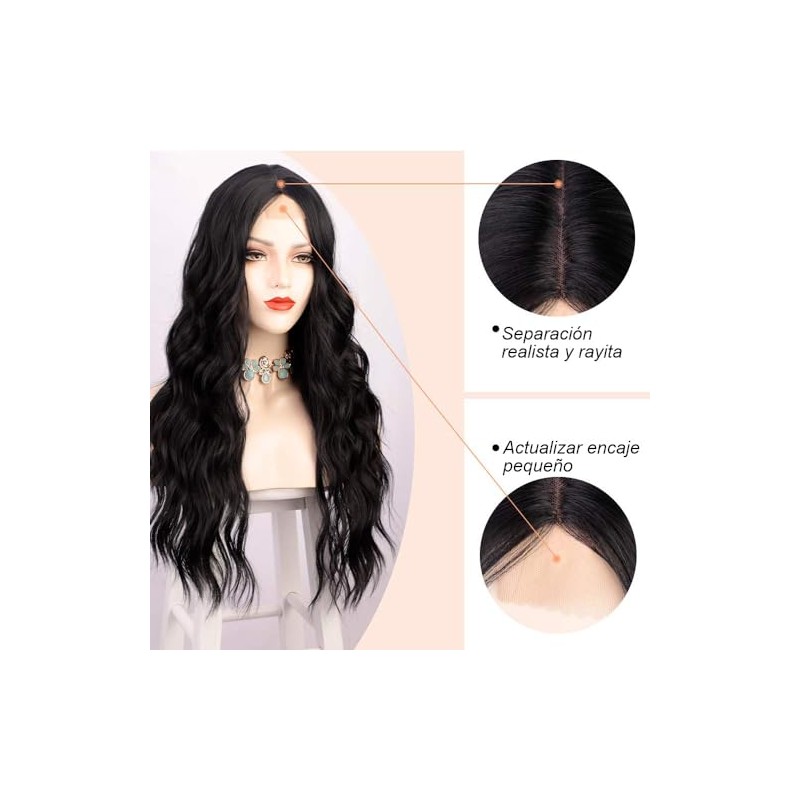 Peluca Ondulada Negra Larga Lace Front para Mujer Peluca Ondulada