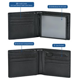 KIKIGOAL Men's Wallets Genuine Leather RIFD Tri-Fold Wallet with Coin Pocket,15 Credit Card Slots, 2 Banknote Compartments, 1 ID Windows, 1 Coin Pocket, Minimalist Wallet
