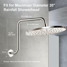 OFFO Shower Head Extension Arm 16 Inch, Brushed Nickel Height 12 Inch S Shaped High Rise Extender with Flange Shower Head Pipe Arm