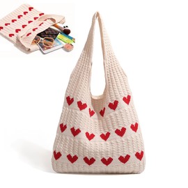 Lunyloer Knitted Shoulder Bag, 38 x 35 cm, Knitted Bag, Crochet Bag, Tote Bag, Heart-Shaped Beach Bag, Shoulder Bag, Woven Bag, Crochet Bag for Teenagers and Girls, Heart-Shaped Fashion, White