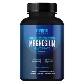 MOM Nutrix Magnesium Glycinate - 500 mg Chelated Triple Absorption Magnesium - Heart, Bones, Joints Support - Calm & Relax- 180 Capsules