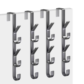 KEGOZ Over The Door Hooks, 4Pcs Stainless Steel OverDoor Hook Towel Hanger, 5 Hooks Door Hanger Hook for Bathroom Clothes Coat Hats Bags Towel(Grey)