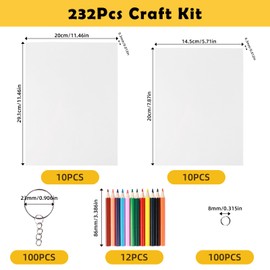 232 Pieces Shrink Art Paper Set, 20 Pieces Empty Shrinking Plastic Film, DIY Craft Shrink Films with 100 Keychains, 100 Open Rings 12 Coloured Pencils, Shrink Sheet for Children Adults
