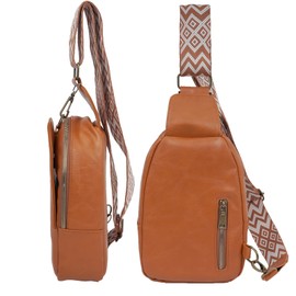 LO LORD LO Sling Bag for Women PU Leather Small Crossbody Bag Purse with Guitar Strap Chest Bag for Cycling Hiking Travel, Brown