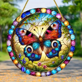 Butterfly Flower Leaf Stained Windows Hanging Suncatcher,Flower Stained Acrylic Suncatchers Window Ornament Stained Glass Panel Sun Catcher Wall Hanging Decor Birthday Gifts