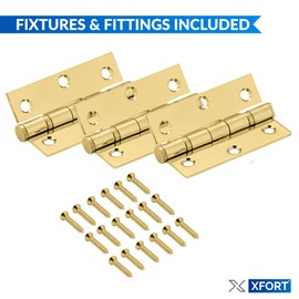 XFORT 3 Inch (75mm) Polished Brass Ball Bearing Hinges, Steel Door Hinge for Wooden Doors (1.5 Pairs)