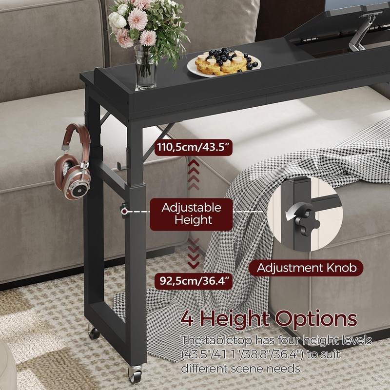 MAHANCRIS Overbed Table with Wheels, Queen Size Adjustable Rolling Desk
