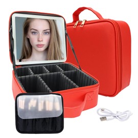 SUILU Travel Makeup Bag with LED Mirror and Light Travel Makeup Case Cosmetic Organizer Portable Cosmetic Brush Organizer Bag with Adjustable Dividers for Cosmetics Makeup Brushes Toiletry (Red)