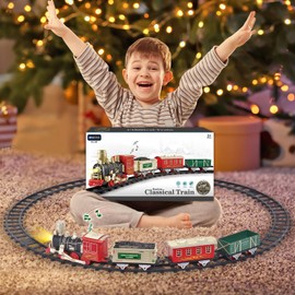 Electric Christmas Train Set w/Lights and Sounds, Kids Train for Christmas Tree with 3 Cars & 10 Train Tracks, Toddler Model Train for 3 4 5 6 7 8+ Years Old Boys Christmas Train Toys Gifts