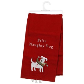Primitives by Kathy Red Cotton-Linen Feliz Naughty Dog Dish Towel, Fun Seasonal pet Themed Sentiment/Embroidered Design/Kitchen Decor Accessory/pet Dog Lover Gift