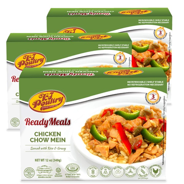 Kosher Chicken Chow Mein, MRE Meat Meals Ready to Eat, Gluten Free (3 Pack) Prepared Entree Fully Cooked, Shelf Stable Microwave Dinner - Travel, Military, Camping, Emergency Survival Protein Food