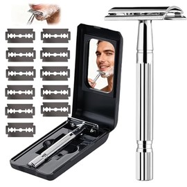 Rastrillos Para Afeitar Hombre Clasico, Rastrillo Para Navaja De Doble Filo Acero Noxidable Con 11 Cuchillas Y Caja Con Espejo, Rastrillo Acero Inoxidable Con Mango Largo, Estuche- Suave