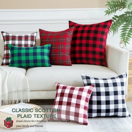 JOTOM Christmas Scottish Tartan Plaid Throw Pillow Covers Farmhouse Classic Decorative Square Cushion Covers 30 x 50cm Soft Pillowcases for Decor Sofa Couch 12x20 Inch Set of 2 (Red White)