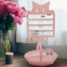 Arecyuer Earring Holder Earring Tree Organizer Metal Stand Hanging Cute Cat Tree Ear Stud Holder Display Table Top Tower Rack with Ring Tray for Girls Women Cat Lovers (Pink)