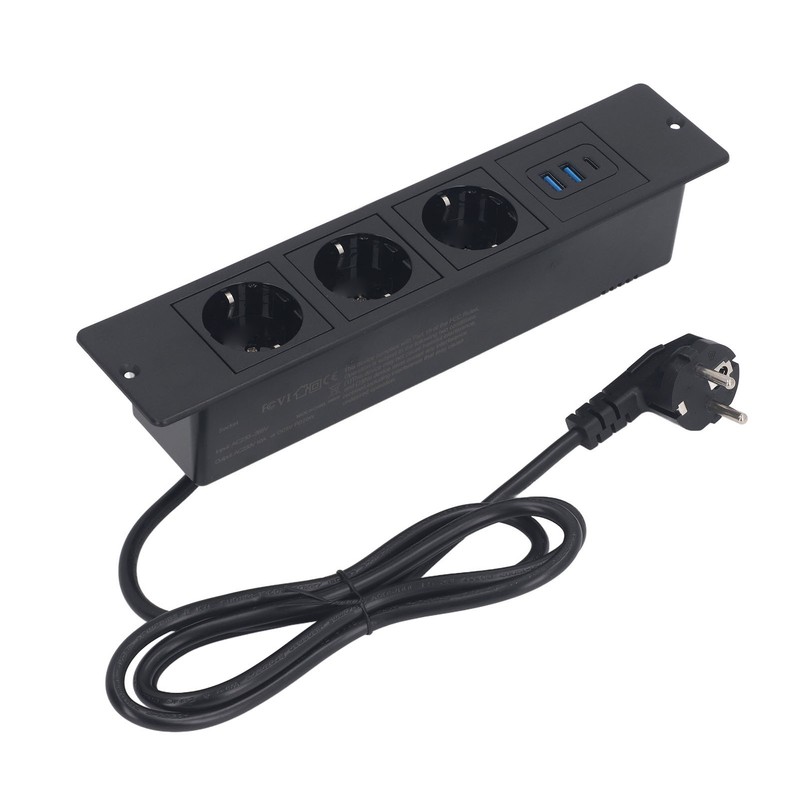 Recessed Power Strip 3xOutlets 2xUSB A 1xUSB C PD20W Ports