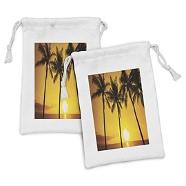 Ambesonne Tropical Fabric Pouch Set of 2, Tropical Sunset Coastal Theme Beach Coconut Trees Exotic Vacation Picture, Small Drawstring Bag for Toiletries Masks and Favors, 9" x 6", Pale Orange Brown