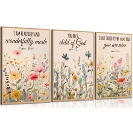 3 piezas de flores cristianas para pared, versículo bíblico, lona floral, salmo, fe religiosa, decoración de pared, guardería, escrituras de flores silvestres, impresiones para habitación de niñas