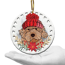 BELLA BUSTA - Christmas decoration for dog lovers, gifts: ceramic hearts, Christmas tree decoration, UV print, GOG face with Santa hat (goldendoodle (brown))