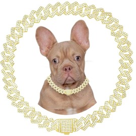 Gold Dog Chain Collars Bling Diamond Cuban Link Puppy Collar With Secure Buckle Walking Metal Chain Necklace Crystal Jewelry Cat Collars for Small Medium Large Pet Dogs Boys Girls, 8 Inch